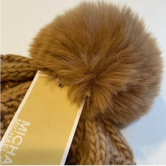 Michael Kors Brown Tan Cable Knit Hat with Pom - Picture 2 of 7